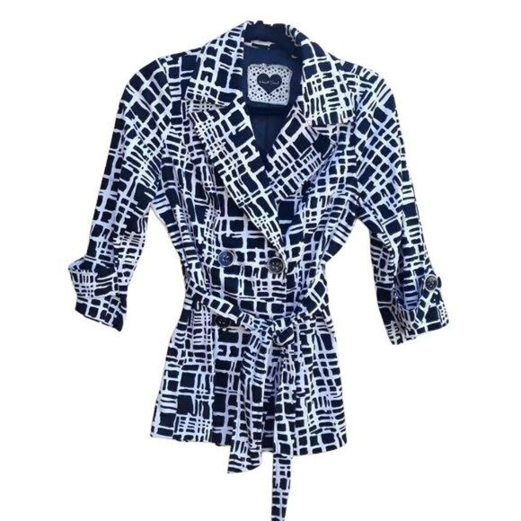 Heart Soul Retro Trench Double Breasted Belted Midi Abstract Geometric Plaid S - Picture 1 of 14